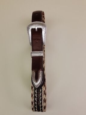 TONY LAMA BROWN LEATHER TRIM WOVEN HORSE HAIR BELT WITH SILVER PLATED  BUCKLE